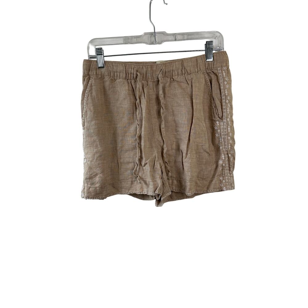 Cynthia Rowley Tan 100% Linen Pull-On Shorts White Embroidery Medium
